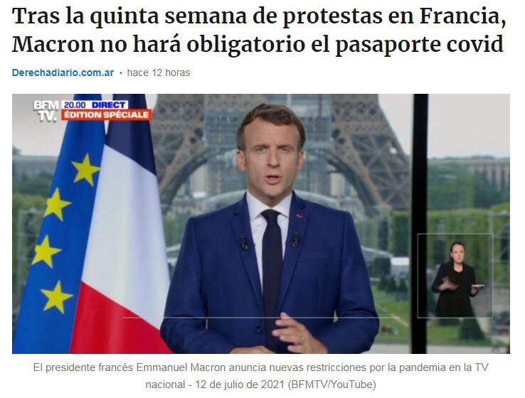  Tras la quinta semana de protestas en Francia, Macron no hará obligatorio el pasaporte Covid.